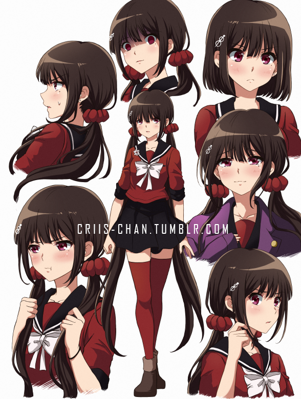1girl :t alternate_hair_length alternate_hairstyle arms_at_sides bang bangs black_skirt blunt_bangs blush bow breasts brown_footwear brown_hair closed_mouth collarbone commentary criis-chan danganronpa finger_gun frown full_body hair_ornament hair_over_shoulder hair_scrunchie hairclip hands_up harukawa_maki holding holding_hair jacket jacket_on_shoulders long_hair long_sleeves looking_at_viewer low_twintails mole mole_under_eye multiple_views new_danganronpa_v3 open_mouth pout purple_jacket red_eyes red_legwear red_scrunchie red_shirt sailor_collar scrunchie shaded_face shiny shiny_hair shirt shoes short_hair simple_background skirt small_breasts sweatdrop thighhighs twintails twitter_username v-shaped_eyebrows very_long_hair white_background white_bow zettai_ryouiki