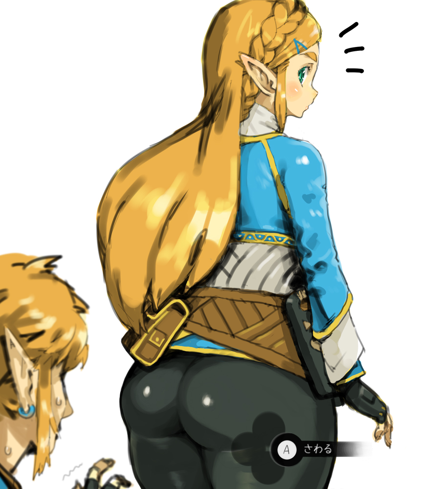 1boy 1girl ass black_legwear black_pants blonde_hair blue_eyes earrings elf gameplay_mechanics gloves imminent_grope jewelry leggings link long_hair nintendo pants pointy_ears princess_zelda puchidori simple_background sketch skin_tight standing the_legend_of_zelda the_legend_of_zelda:_breath_of_the_wild thick_thighs thighs tight tight_pants white_background