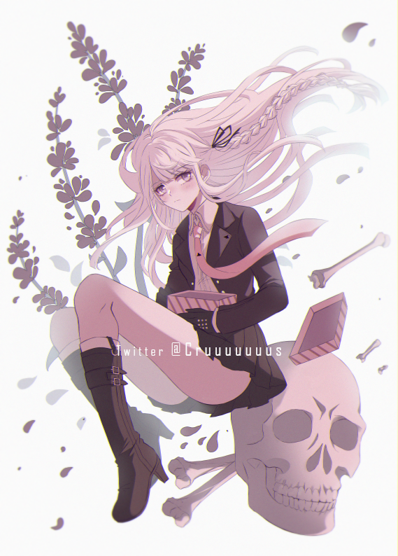 1girl bangs black_footwear black_gloves black_jacket black_ribbon blush bone boots box braid criis-chan danganronpa danganronpa_1 eyebrows_visible_through_hair floating_hair gloves hair_ornament hair_ribbon holding holding_box jacket kirigiri_kyouko knee_boots long_hair long_sleeves looking_at_viewer necktie pleated_skirt purple_eyes purple_hair ribbon shirt side_braid single_braid skirt skull solo symbol_commentary twitter_username white_shirt