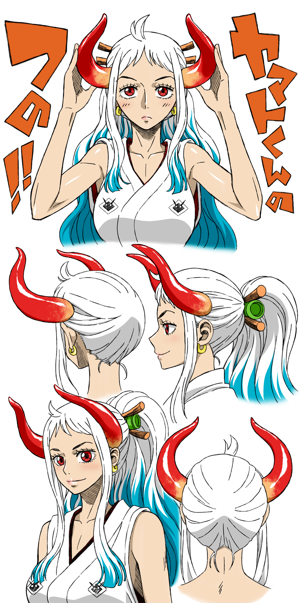 alternate_hairstyle blue_hair blush breasts collarbone commentary_request curled_horns earrings hair_down hair_ornament hair_stick high_ponytail highres horns japanese_clothes jewelry kataginu large_breasts looking_at_viewer multicolored_hair multiple_views nel-zel_formula one_piece oni red_eyes red_horns sidelocks simple_background smile translation_request wavy_hair white_background white_hair yamato_(one_piece)