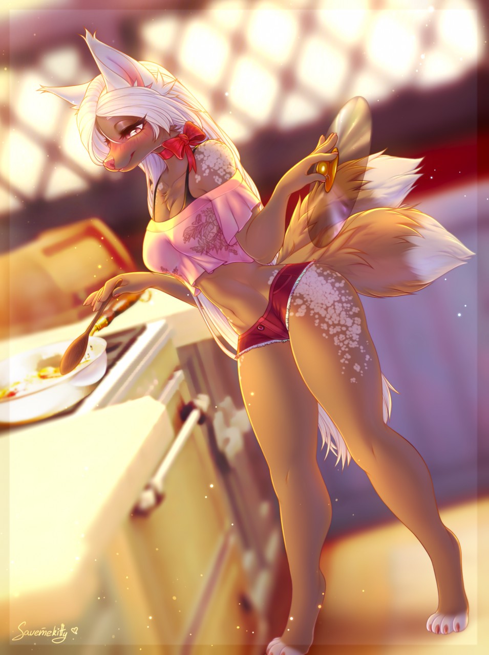 4_toes 5_fingers anthro breasts brown_body brown_fur canid canine clothed clothing digital_media_(artwork) eyebrows eyelashes female fingers fox fur hair hi_res mammal midriff multi_tail navel savemekitty smile solo standing toes white_hair