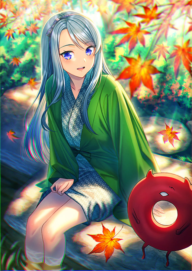 1girl alternate_costume autumn autumn_leaves blush enemy_lifebuoy_(kantai_collection) eyebrows_visible_through_hair green_kimono hair_ornament hairband japanese_clothes kantai_collection kimono leaf long_hair long_sleeves looking_at_viewer maple_leaf open_mouth outdoors plant purple_eyes sagiri_(kantai_collection) silver_hair sitting smile solo tree unowen water yukata