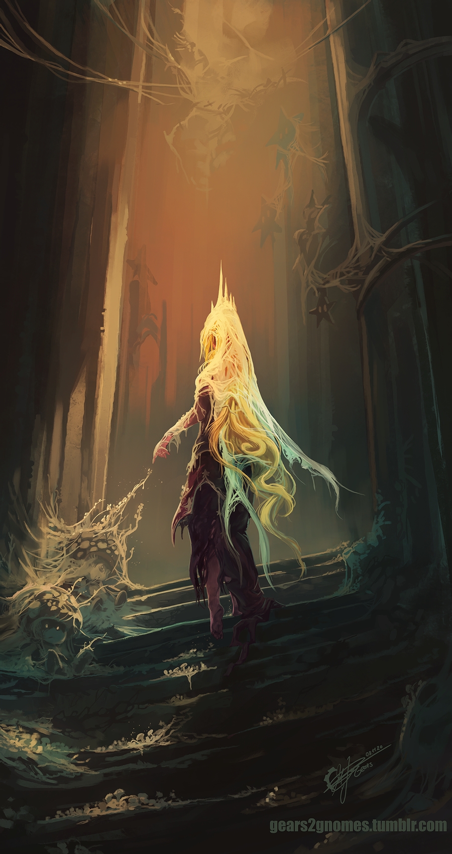 alternate_universe barefoot blonde_hair bloodborne crown dress fungus gears2gnomes highres long_hair mario_(series) parody pointing princess_peach silk spider_web stairs standing toad torn_clothes torn_dress very_long_hair