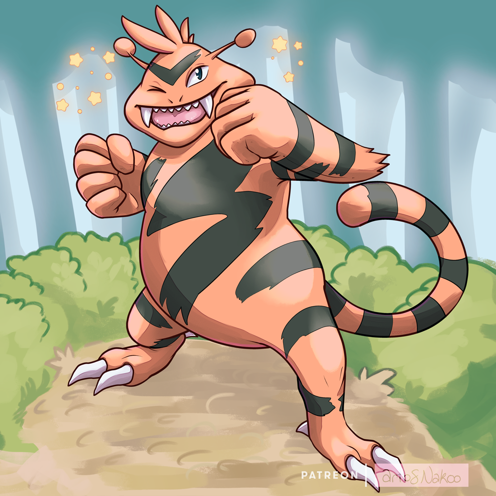 1:1 2020 2_toes ambiguous_gender anthro black_body black_fur clenched_fists conditional_dnp electabuzz fangs forest fur multicolored_body multicolored_fur nakoo nintendo one_eye_closed open_mouth open_smile orange_body orange_fur plant pok&eacute;mon pok&eacute;mon_(species) shiny_pok&eacute;mon shrub smile solo standing star stripes teeth toes tree two_tone_body two_tone_fur video_games wink