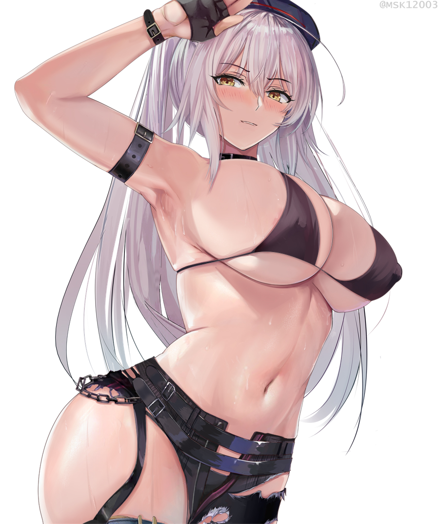 1girl ahoge bangs bare_shoulders belt bikini bikini_top blush breasts cleavage collarbone fate/grand_order fate_(series) jeanne_d'arc_(alter)_(fate) jeanne_d'arc_(fate)_(all) large_breasts long_hair looking_at_viewer misako12003 mystery_treasure navel ponytail silver_hair simple_background smile swimsuit very_long_hair white_background yellow_eyes