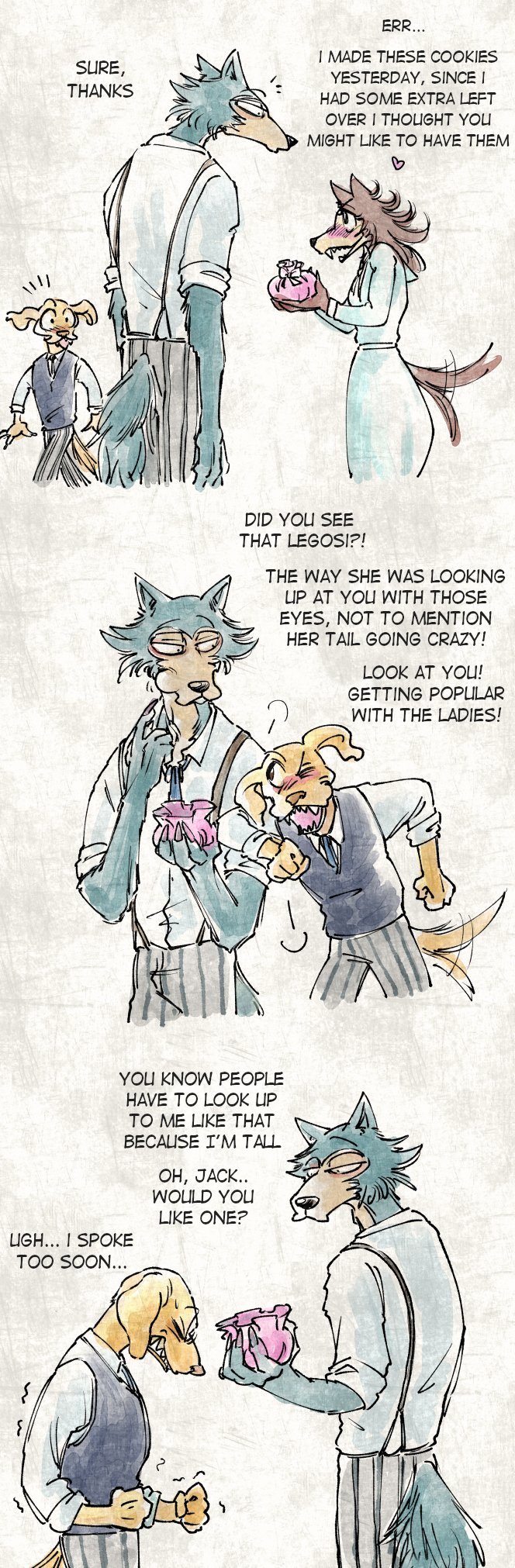 &lt;3 2020 5_fingers anthro beastars blush canid canine canis clenched_teeth clothed clothing comic dialogue domestic_dog eating english_text female fingers group hair hi_res holding_object jack_(beastars) ktandoku legoshi_(beastars) long_hair male mammal open_mouth simple_background smile tailwag teeth text wolf