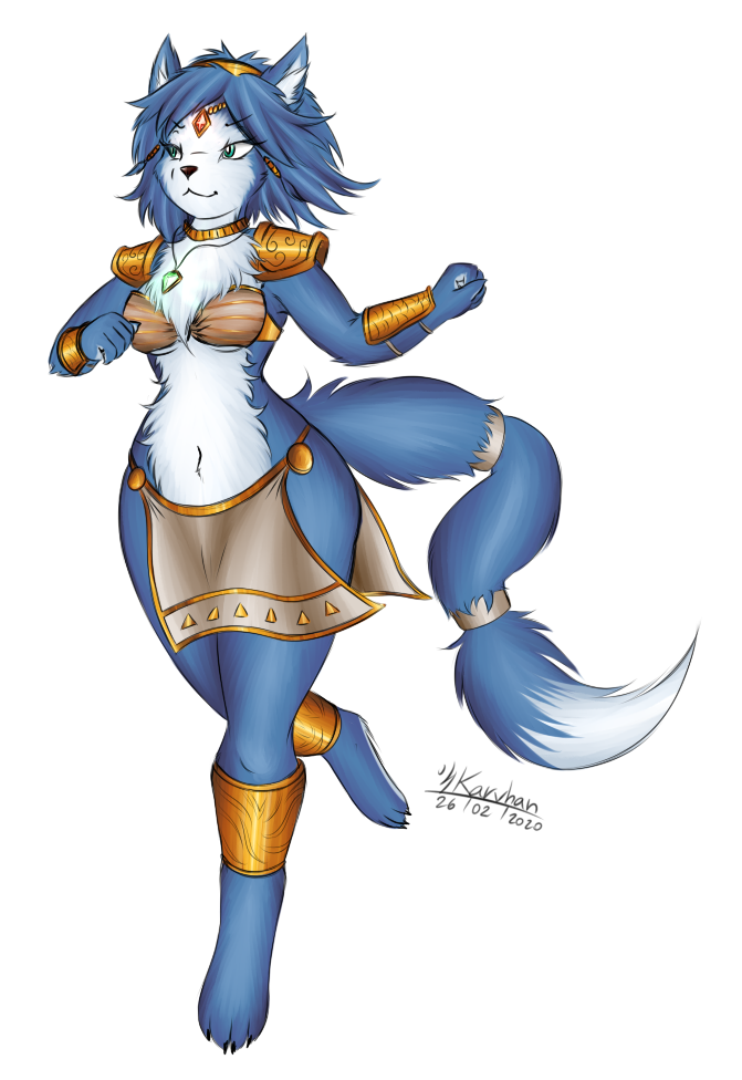 2020 alpha_channel anthro blue_body blue_fur blue_hair canid canine chest_tuft claws dragon-wish eyebrows female fox fur gem gold_(metal) hair inner_ear_fluff jewelry krystal mammal navel necklace nintendo ring signature simple_background solo star_fox toe_claws transparent_background tuft video_games white_body white_fur