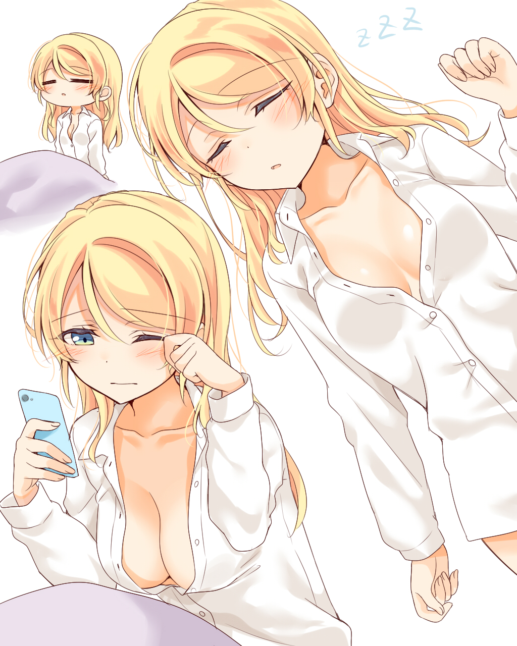 1girl aqua_eyes ayase_eli breasts cellphone cleavage closed_eyes collarbone collared_shirt eyebrows_visible_through_hair facing_viewer highres holding holding_phone large_breasts long_hair long_sleeves looking_away love_live! love_live!_school_idol_project mogu_(au1127) one_eye_closed phone shirt smartphone unbuttoned unbuttoned_shirt white_shirt zzz