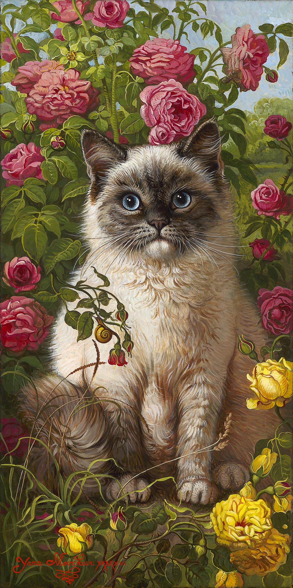 ambiguous_gender blue_eyes domestic_cat felid feline felis feral flower fur gastropod hi_res mammal mollusk oil_painting_(artwork) painting_(artwork) plant realistic rose_(flower) snail solo traditional_media_(artwork) whiskers white_body white_fur yana_movchan