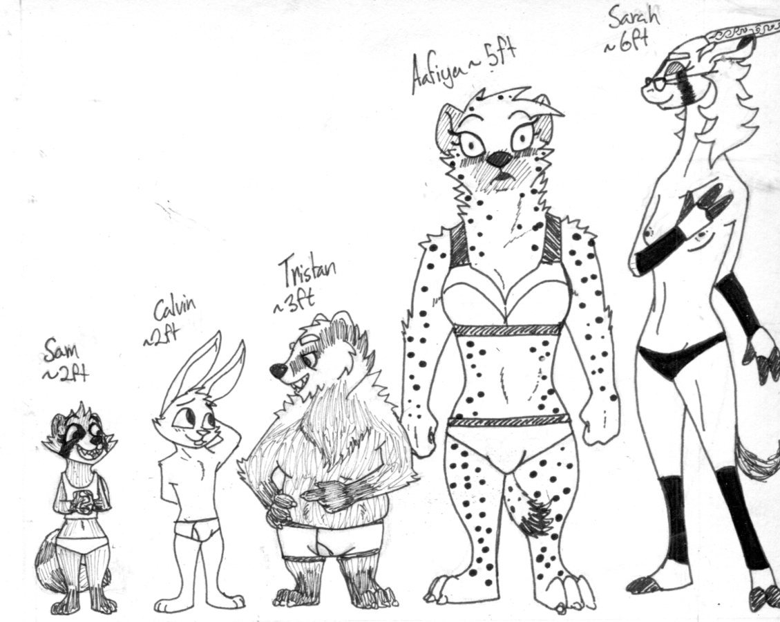 2016 2_toes 3_fingers 3_toes 4_fingers aafiya_khalil_(spiff) antelope anthro areola arm_tuft badger black_and_white black_clothing black_panties black_underwear bovid bra breasts briefs bulge calvin_lapin_(spiff) character_name chart cheek_tuft chest_tuft clothing dipstick_ears elbow_tufts eye_contact eyelashes eyeshadow eyewear facial_tuft fan_character female fingers fingers_interlaced fur gesture glasses gloves_(marking) group hand_behind_back hand_behind_head height_chart hooved_fingers hooved_toes horn hyaenid interlaced_fingers interlocked_fingers lagomorph larger_female larger_male leg_markings leporid looking_at_another looking_at_viewer makeup male mammal markings model_sheet monochrome multicolored_ears mustelid musteline nipples panties pointing procyonid rabbit raccoon samantha_hochschild sarah_handlebach scruffy shoulder_tuft shy simple_background size_difference small_breasts smaller_female smaller_male smile socks_(marking) spiff spots spotted_body spotted_fur spotted_hyena standing striped_tail stripes toes tristan_growlagher_(spiff) tuft underwear white_background white_bra white_panties