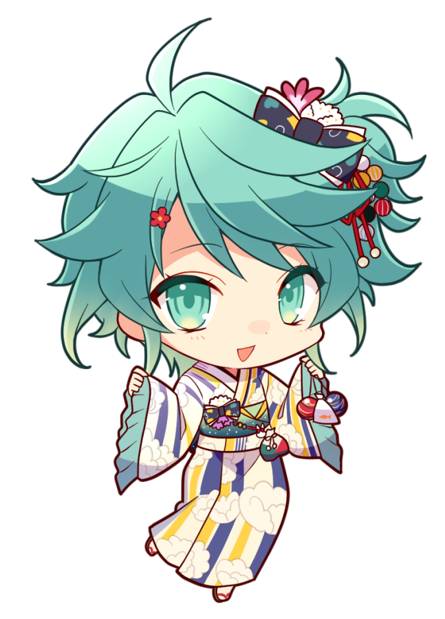 1boy :d ahoge bow chibi eyebrows_visible_through_hair floral_print flower full_body green_eyes green_hair hair_flower hair_ornament holding holostars japanese_clothes kagami_kira kimono long_sleeves looking_at_viewer male_focus nyokkiiiiin official_alternate_costume open_mouth otoko_no_ko sandals smile solo standing transparent_background virtual_youtuber wide_sleeves yukata