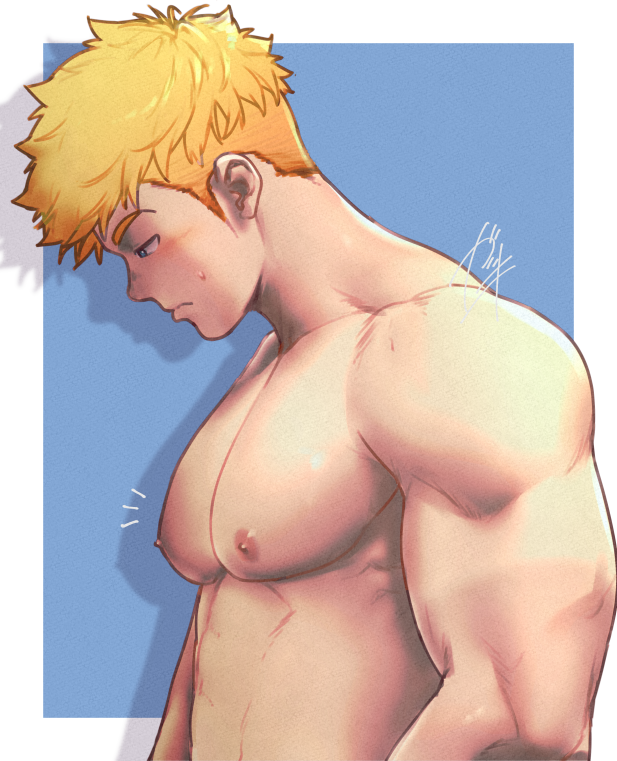 1boy abs bangs bara blonde_hair blush chest close-up completely_nude gakki_(gaku_suru) granblue_fantasy green_eyes looking_down male_focus muscle nipples nude pectoral_focus short_hair solo sweatdrop upper_body vane_(granblue_fantasy)