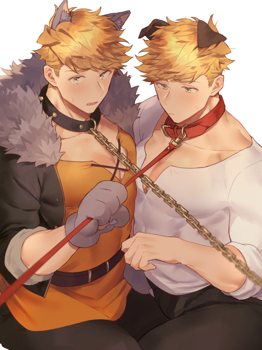 2boys animal_ears bangs bara blonde_hair blush brown_pants chest clone collar dog_collar dog_ears granblue_fantasy green_eyes halloween halloween_costume higashigunkan male_focus multiple_boys muscle pants pectoral_docking pectoral_press shadow shirt short_hair thick_thighs thighs v-neck vane_(granblue_fantasy) white_shirt wolf_ears wolf_paws