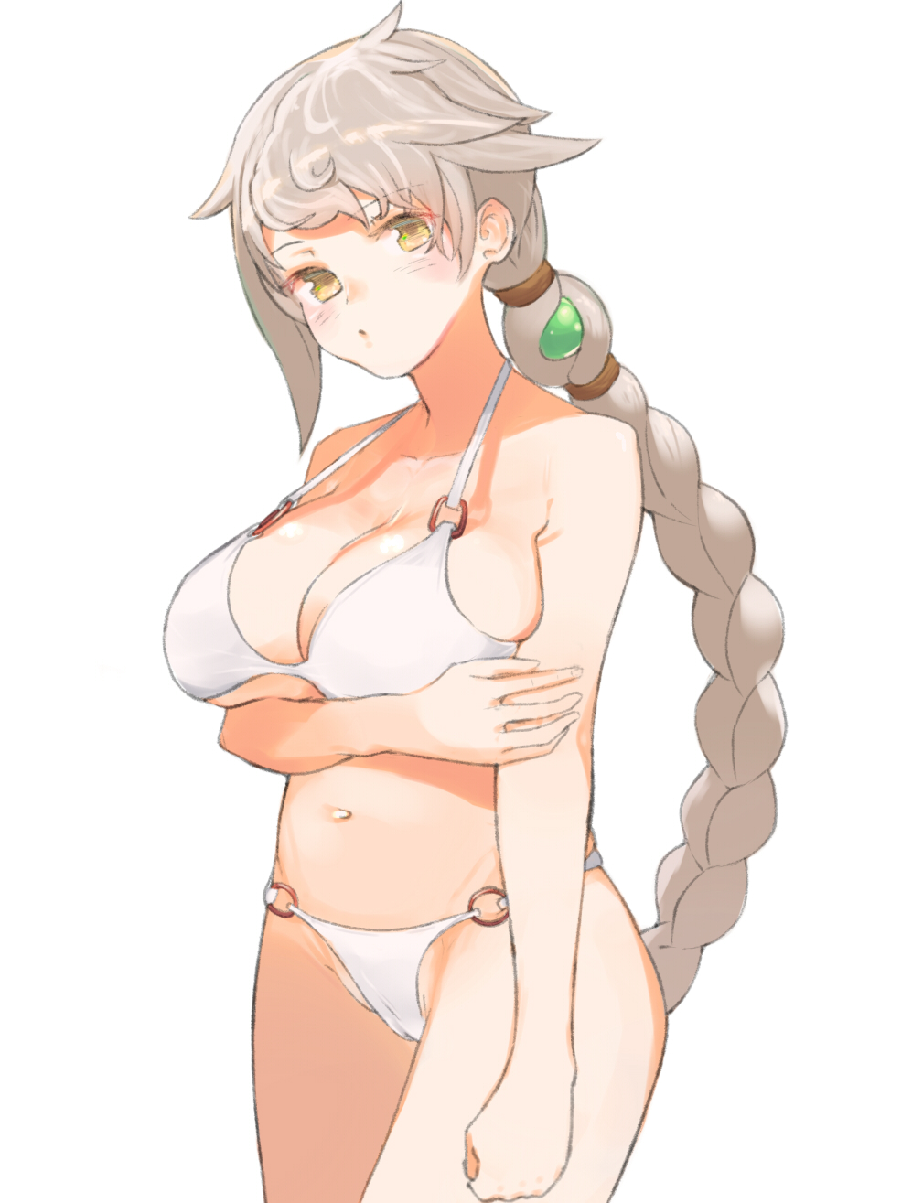 1girl arm_under_breasts asymmetrical_bangs bangs bikini blush braid breasts co_botan eyebrows_visible_through_hair hair_ornament highres kantai_collection large_breasts long_hair o-ring o-ring_bikini simple_background single_braid solo swimsuit unryuu_(kantai_collection) very_long_hair white_background white_bikini yellow_eyes