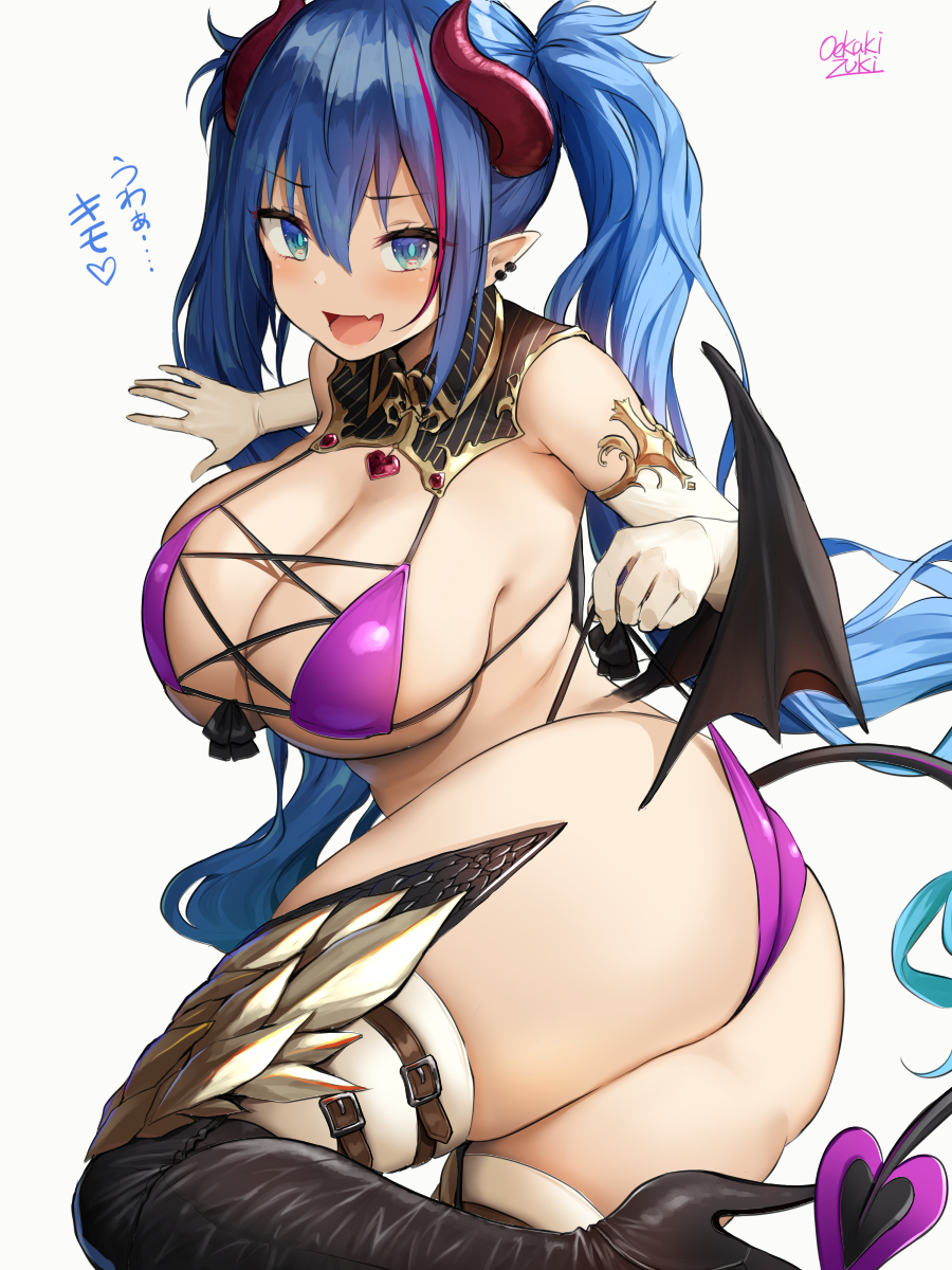 1girl ass asymmetrical_breasts bangs blue_eyes blue_hair blush boots breasts cleavage demon_girl demon_horns demon_tail ear_piercing elbow_gloves fang gloves hair_between_eyes high_heel_boots high_heels highres horns huge_breasts jewelry long_hair low_wings multicolored_hair oekakizuki open_mouth original piercing pink_hair pointy_ears signature simple_background skin_fang solo streaked_hair succubus tail thigh_boots thighhighs twintails twisted_torso white_background wings