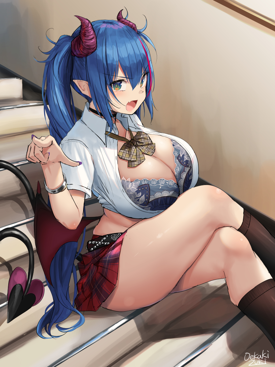 1girl bat_wings belt black_belt blue_bra blue_eyes blue_hair blush bra bracelet breasts brown_legwear choker cleavage crossed_legs demon_girl demon_horns demon_tail eyebrows_visible_through_hair fang heart heart_tail highres horns huge_breasts jewelry kneehighs long_hair low_wings multicolored_hair nail_polish oekakizuki open_clothes open_mouth original plaid plaid_neckwear plaid_skirt pointing pointy_ears shirt signature sitting skin_fang skirt solo stairs streaked_hair succubus tail thighs twintails underwear white_shirt wings