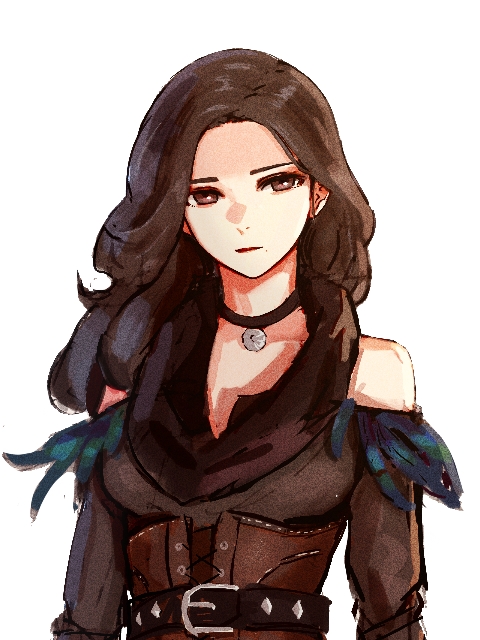 1girl belt black_choker black_eyes black_hair black_scarf breasts choker corset fantasy long_hair looking_to_the_side medium_breasts mole mole_under_mouth ombre_t red_lips scarf shoulders solo the_witcher upper_body white_background yennefer