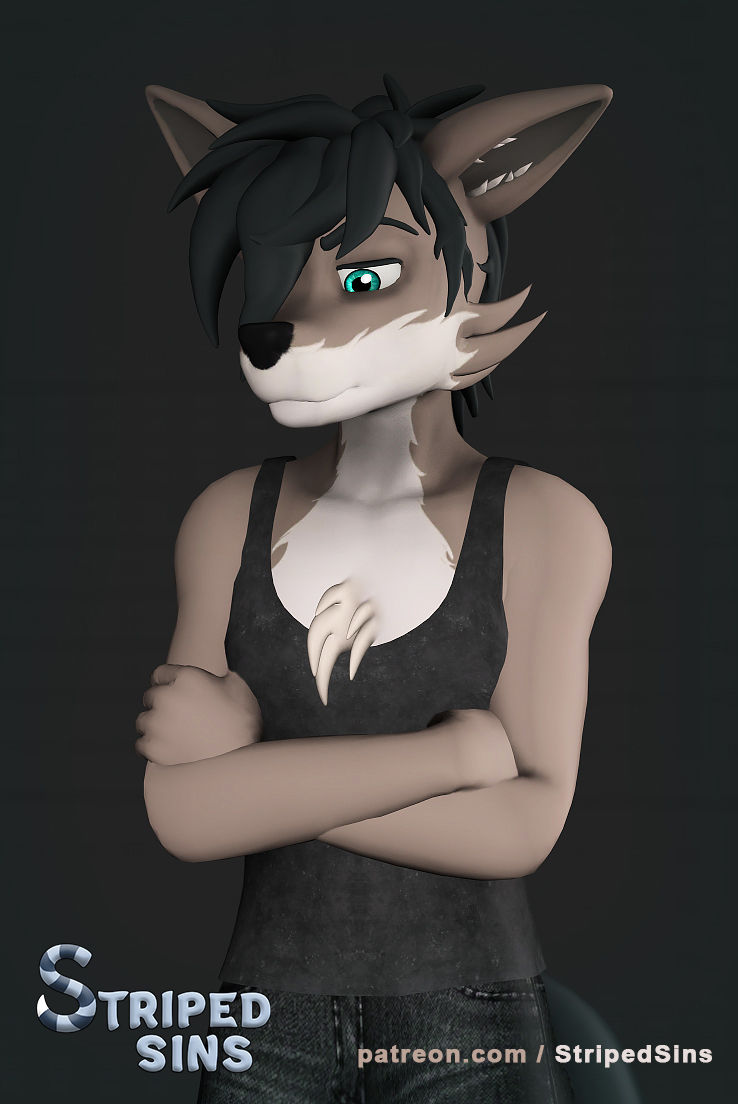3d_(artwork) anthro blue_eyes bottomwear canid canine canis chest_tuft clothing crossed_arms denim denim_clothing digital_media_(artwork) dray_(striped_sins) emo emo_hair jeans male mammal pants shirt solo striped_sins tank_top text topwear tuft url willitfit wolf