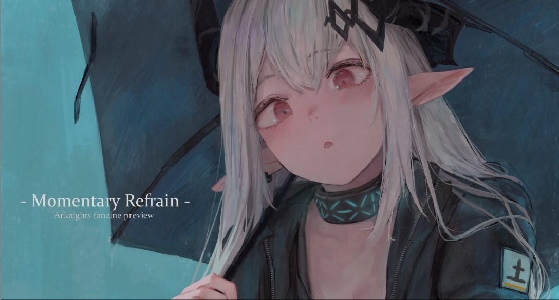 1girl arknights blush character_request collar from_below head_tilt holding holding_umbrella horns jacket long_hair looking_at_viewer looking_down noccu open_clothes open_jacket open_mouth parted_lips red_eyes solo umbrella white_hair
