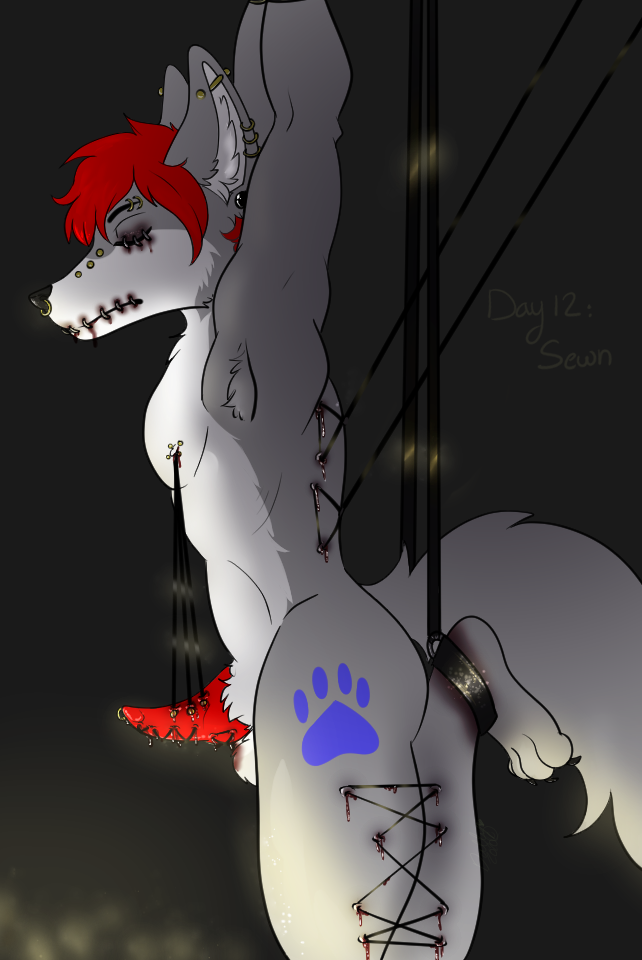 anthro blood bodily_fluids canid canine canis cock_and_ball_torture dallydonut frenum_ladder frenum_piercing genital_piercing genital_torture genitals gore goretober hair male mammal needle_(disambiguation) penis penis_piercing piercing piercings_everywhere prince_albert_piercing red_hair rexcanis sewn_eye sewn_mouth solo surgical_suture suspension_bondage tattoo wolf