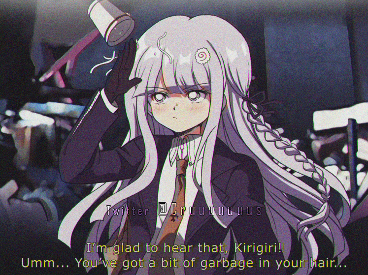 1990s_(style) 1girl arm_up bangs black_gloves black_ribbon blush braid brown_neckwear collared_shirt criis-chan danganronpa danganronpa_1 derivative_work english_commentary eyebrows_visible_through_hair food food_on_head gloves hair_ornament hair_ribbon hairclip jacket kirigiri_kyouko long_hair long_sleeves necktie noodles object_on_head open_clothes open_jacket purple_jacket ramen retro_artstyle ribbon screencap_redraw shirt side_braid single_braid solo subtitled upper_body white_shirt