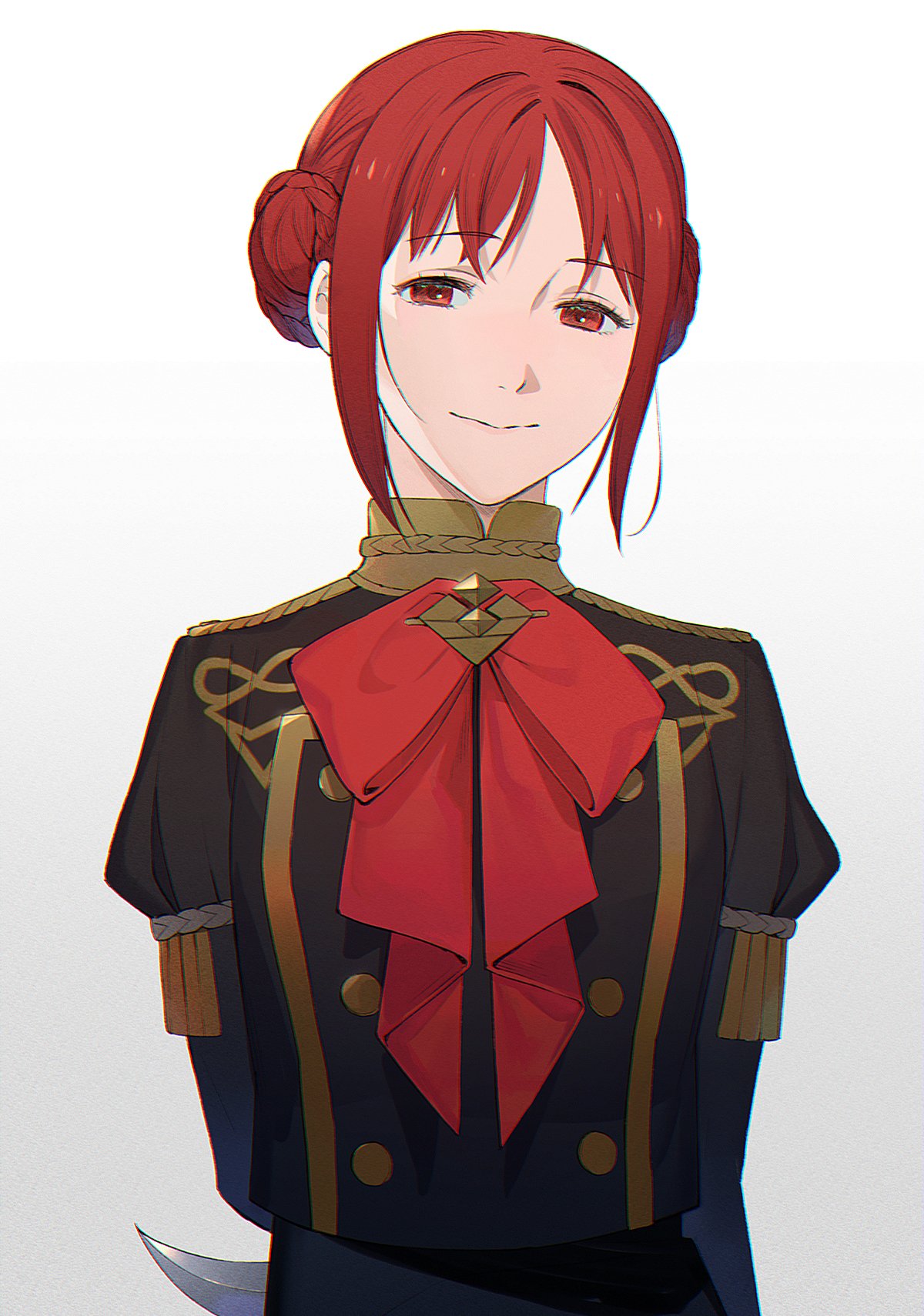 1girl arms_behind_back closed_mouth collared_shirt double_bun fire_emblem fire_emblem:_three_houses garreg_mach_monastery_uniform hidden_weapon highres kyufe long_sleeves looking_at_viewer monica_von_ochs red_eyes red_hair red_ribbon ribbon shirt short_hair simple_background smile upper_body