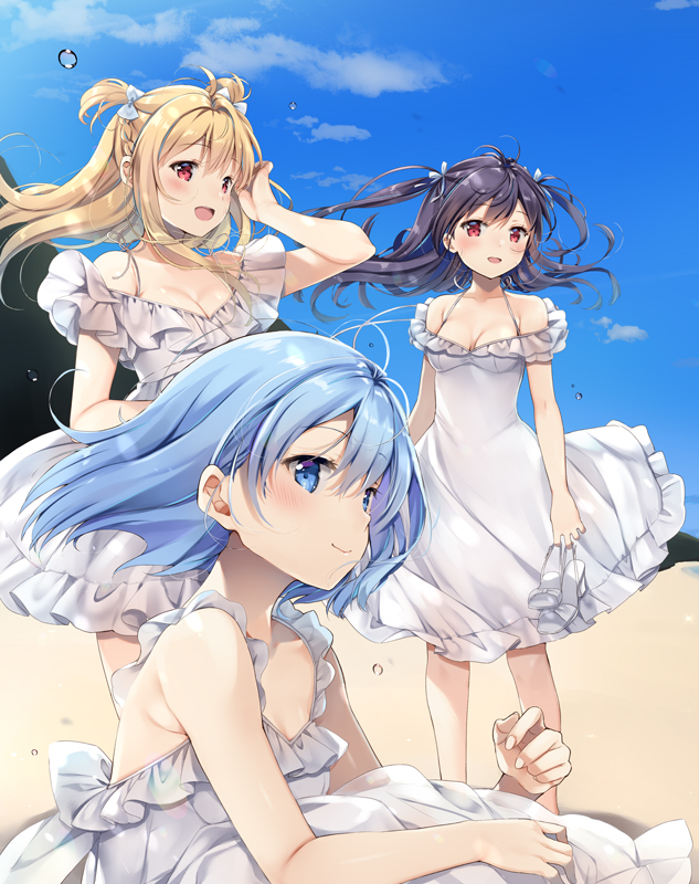 3girls :d bangs bare_shoulders beach black_hair blonde_hair blue_bow blue_eyes blue_hair blue_sky blush bow breasts brown_eyes cleavage closed_mouth cloud collarbone commentary day dress eyebrows_visible_through_hair frilled_dress frills hair_between_eyes hair_bow hand_up holding holding_clothes holding_footwear long_hair medium_breasts multiple_girls natsume_eri off-shoulder_dress off_shoulder open_mouth original outdoors red_eyes sand sandals sandals_removed sitting sky smile symbol_commentary two_side_up white_dress