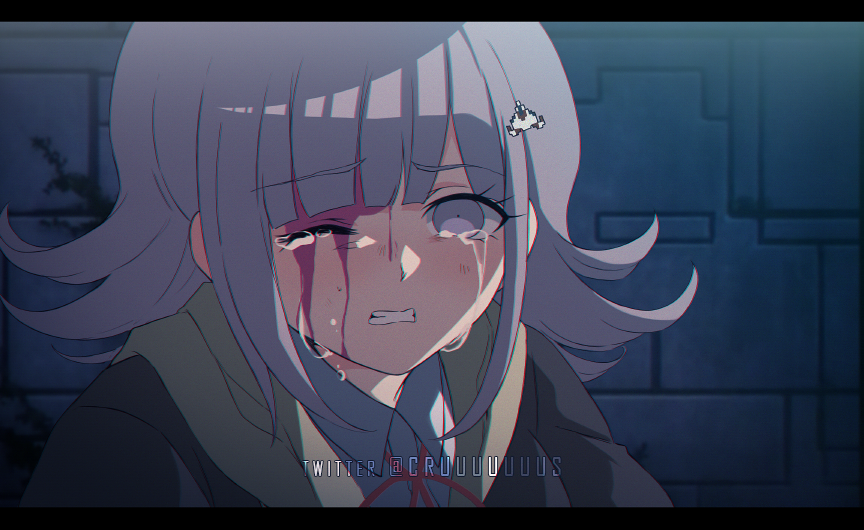 1990s_(style) 1girl bangs blood blood_on_face blunt_bangs brown_jacket clenched_teeth collared_shirt commentary criis-chan crying crying_with_eyes_open danganronpa danganronpa_3 derivative_work flipped_hair grey_shirt hair_ornament hairclip jacket letterboxed looking_at_viewer medium_hair nanami_chiaki one_eye_closed pink_blood screencap_redraw shirt solo spoilers stone_wall tears teeth twitter_username upper_body wall