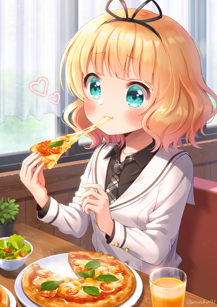 1girl :t aqua_eyes bangs black_shirt blonde_hair blush commentary curtains eating eyebrows_visible_through_hair food glass gochuumon_wa_usagi_desu_ka? heart indoors kirima_sharo long_sleeves medium_hair mozukun43 necktie pizza plaid_neckwear school_uniform shirt solo table tedeza_rize's_school_uniform twitter_username wavy_hair window