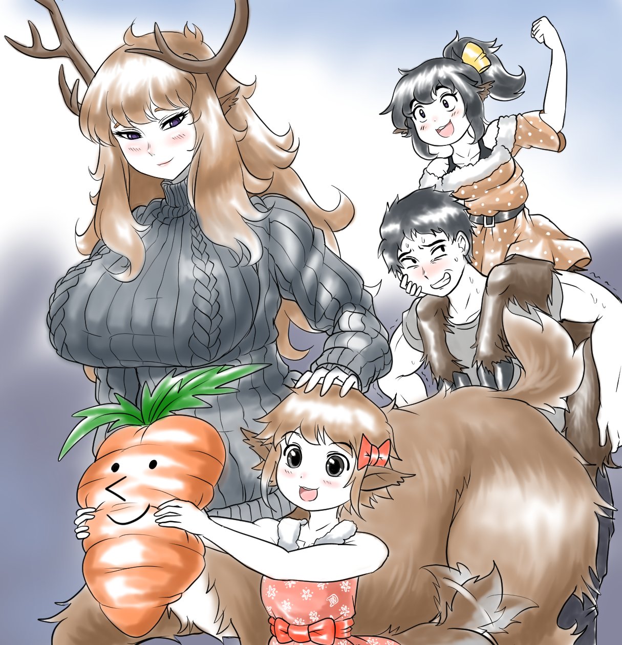 :^) accessory age_difference antlers big_breasts biped black_hair blurred_background blush bottomless breasts brown_body brown_clothing brown_dress brown_fur brown_hair brown_topwear capreoline capreoline_taur carrot carrying cervid cervid_taur clenched_teeth clothed clothing cloven_hooves countershading daughter dress family father father_and_child father_and_daughter female fluffy food fur glistening glistening_hair grey_clothing grey_sweater grey_topwear grimace group hair hair_accessory hair_bow hair_ribbon hand_on_head hi_res hooves horn huge_breasts human humanoid_hands humanoid_taur larger_female larger_taur long_hair looking_at_another male mammal mammal_taur monotone_hair monster_girl_(genre) monster_girl_encyclopedia mother mother_and_child mother_and_daughter multicolored_body multicolored_fur older_female older_male open_mouth open_smile parent parent_and_child pink_clothing pink_dress pink_topwear plant plushie ponytail purple_eyes quadruped reindeer_taur ribbed_clothing ribbed_sweater ribbons shirt short_hair simple_background size_difference smaller_female smaller_human smaller_male smaller_taur smile standing sweater tailwag tan_body tan_countershading tan_fur taur teeth theordomalleus topwear two_tone_body two_tone_fur vegetable young younger_female