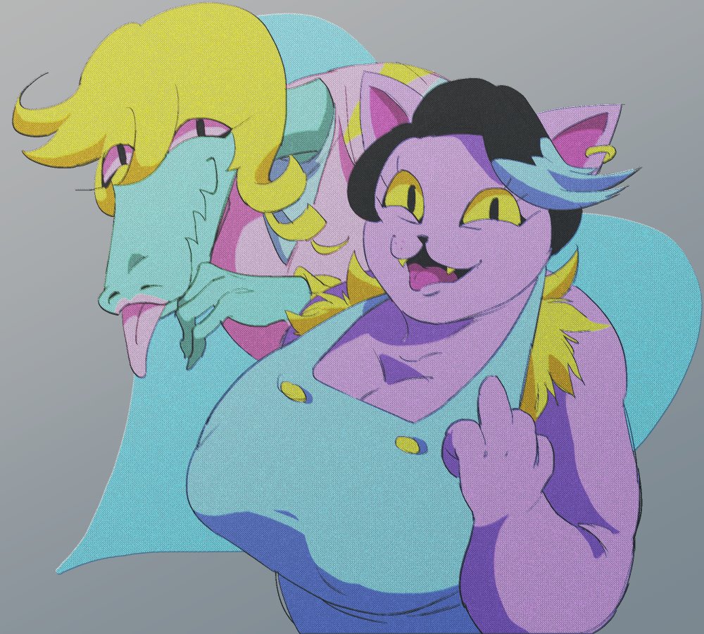 2020 alligator alligatorid anthro big_breasts bratty_(undertale) breasts catty_(undertale) cleavage clothed clothing crocodilian domestic_cat duo felid feline felis female fur gesture grey_background mammal middle_finger overalls purple_body purple_fur reptile scalie simple_background tomato_(artist) tongue tongue_out undertale video_games