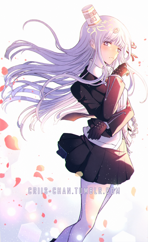 1girl bangs black_gloves black_jacket black_skirt blush braid brown_hair collared_shirt commentary_request criis-chan danganronpa danganronpa_1 dutch_angle feet_out_of_frame floating_hair food food_on_head from_side gloves hair_ornament hair_ribbon hand_up jacket kirigiri_kyouko long_hair long_sleeves looking_at_viewer miniskirt necktie noodles object_on_head pantyhose petals pleated_skirt purple_eyes purple_hair ramen ribbon school_uniform shirt single_braid skirt solo twitter_username white_legwear white_shirt