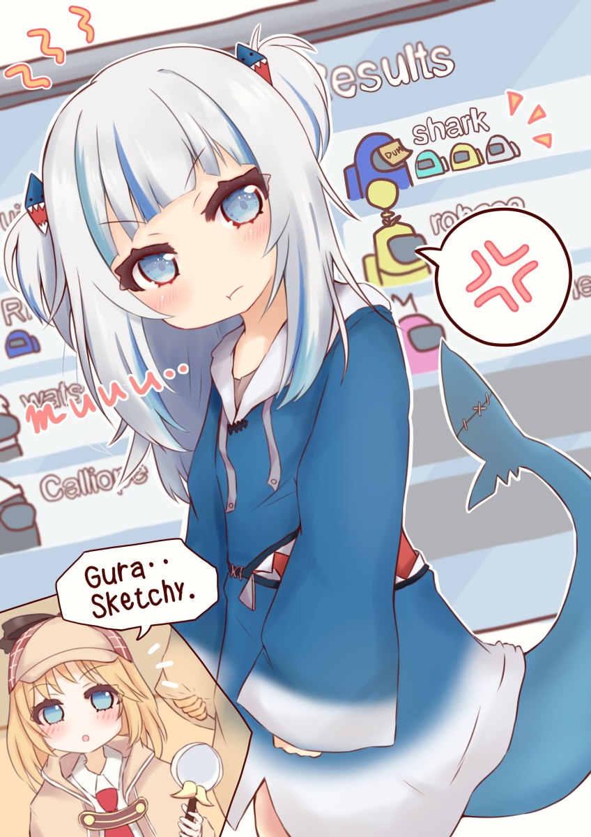 2girls :o :t among_us anger_vein bangs blonde_hair blue_eyes blue_hair blue_hoodie blush brown_capelet brown_headwear closed_mouth collared_shirt commentary_request drawstring english_text eyebrows_visible_through_hair fish_tail gawr_gura hair_ornament hat highres holding hololive hololive_english hood hood_down hoodie looking_at_viewer magnifying_glass multicolored_hair multiple_girls necktie parted_lips pout red_neckwear ridy_(ri_sui) shark_tail shirt spoken_anger_vein streaked_hair tail tail_raised two_side_up v-shaped_eyebrows virtual_youtuber watson_amelia white_shirt