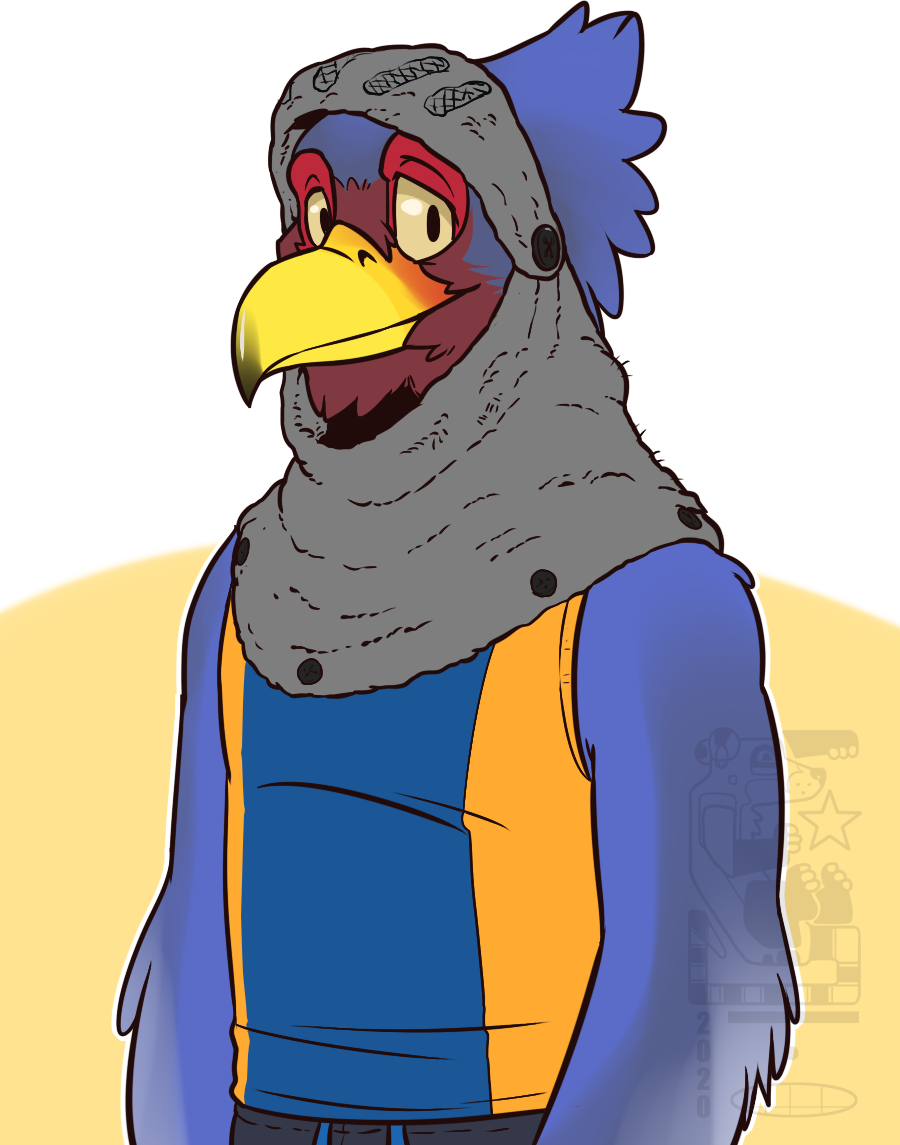 2020 accipitrid accipitriform animal_crossing anthro avian beak belt bird blue_body blue_feathers cloth clothing eagle eclipsewolf eyebrows feathers half-length_portrait headwrap looking_at_viewer male nintendo portrait raised_eyebrows shirt simple_background solo standing sterling_(animal_crossing) topwear video_games watermark yellow_beak