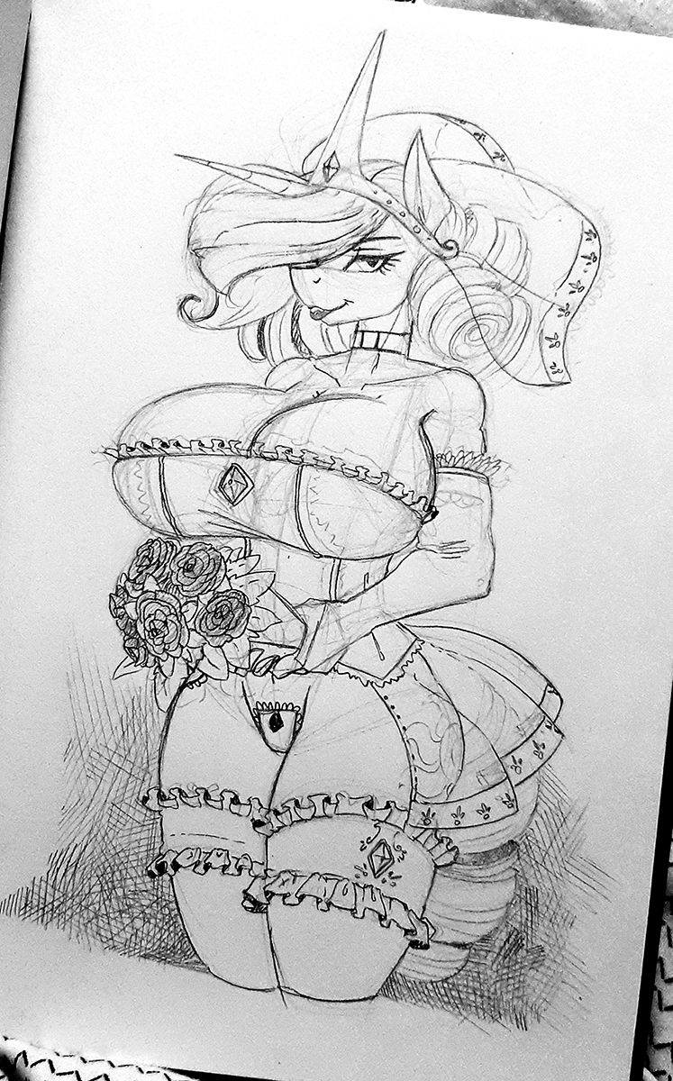 anthro armwear big_breasts breasts c-string choker cleavge clothing collar crown elbow_gloves equid equine flower friendship_is_magic gloves handwear hasbro hi_res holding_flower holding_object horn jewelry lingerie lips mammal monochrome my_little_pony necklace plant princess_celestia_(mlp) sketch solo thick_bottom_lip tiara unicorn veil wedding zwitterkitsune