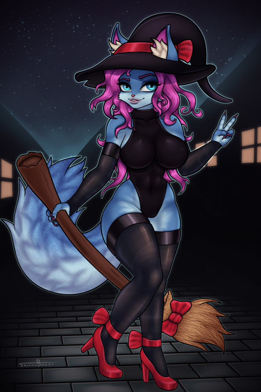 anthro big_breasts breasts broom canid canine female fox hi_res magic_user mammal paladins pepper_(paladins) shadowboxer signature solo witch