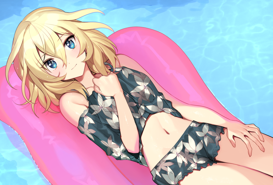 1girl bangs bikini_shorts black_shirt black_shorts blush closed_mouth commentary eyebrows_visible_through_hair floral_print girls_und_panzer hand_on_own_chest light_frown looking_at_viewer lying navel off-shoulder_shirt off_shoulder on_back oshida_(girls_und_panzer) pool print_shirt print_shorts shirt shorts solo tan3charge