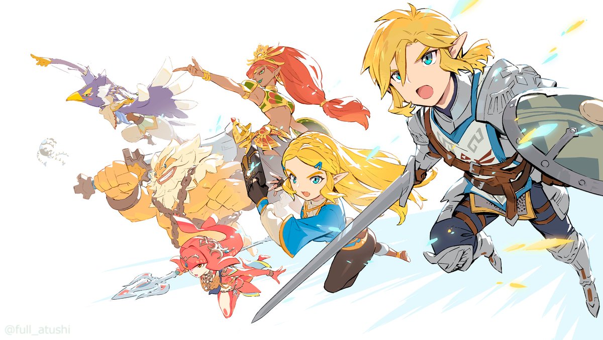 3boys armor blanco026 blonde_hair bow_(weapon) dark_skin dark_skinned_female daruk gerudo goron hyrule_warriors:_age_of_calamity link long_hair mipha multiple_boys open_mouth pointy_ears polearm ponytail princess_zelda red_hair revali rito sheikah_slate shield soldier_link sword the_legend_of_zelda the_legend_of_zelda:_breath_of_the_wild trident urbosa weapon zora