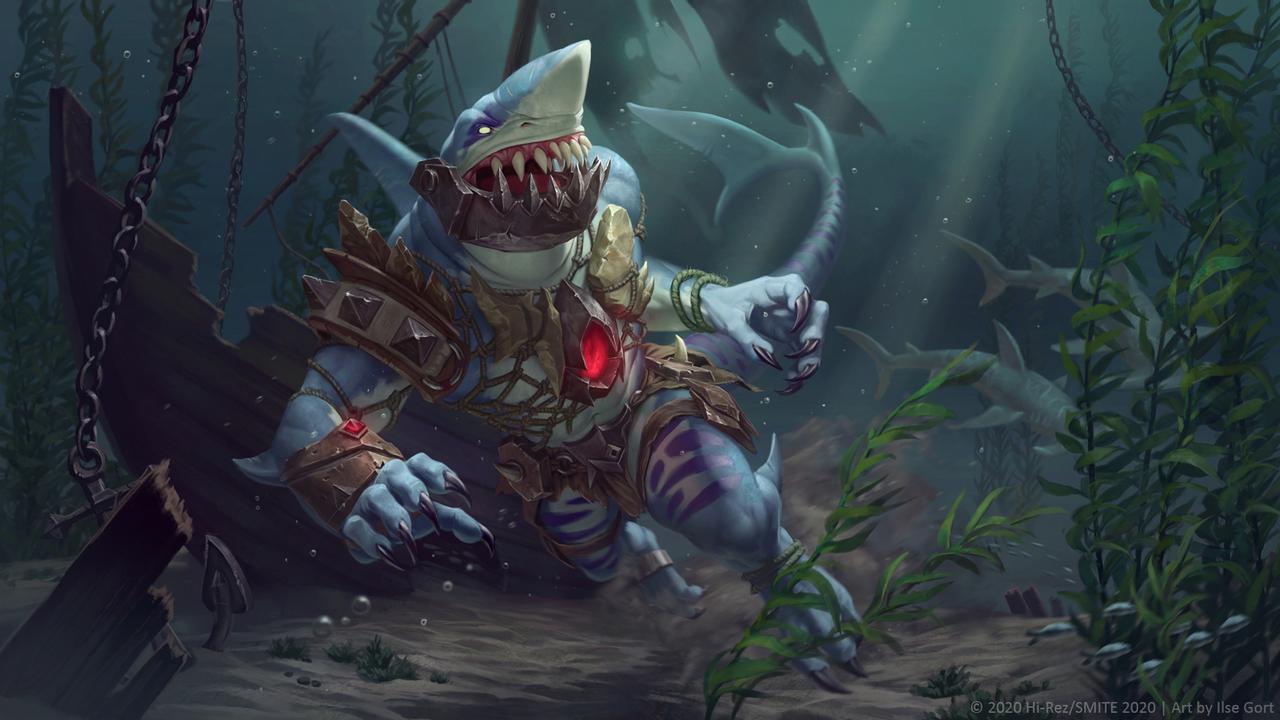 16:9 2020 anchor anthro armor barefoot bracers caraid chain claws clothed clothing debris digital_media_(artwork) fenrir_(smite) fish fishing_net grey_body grey_scales male marine metal_jaw multicolored_body multicolored_scales official_art open_mouth reef_(disambiguation) scales sea_floor seaweed shark sharp_teeth shipwreck shoulder_guard smite solo swimming teeth two_tone_body two_tone_scales underwater water white_body white_scales widescreen