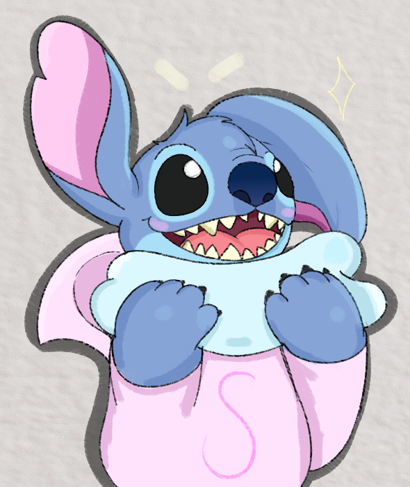 4_fingers alien black_eyes blue_body blue_fur blue_nose blush clothing disney experiment_(lilo_and_stitch) eyebrows fingers fluffcynical fur holding_object lilo_and_stitch male_(lore) one_ear_up open_mouth open_smile pajamas pink_inner_ear semi-anthro sharp_teeth smile solo stitch_(lilo_and_stitch) teeth