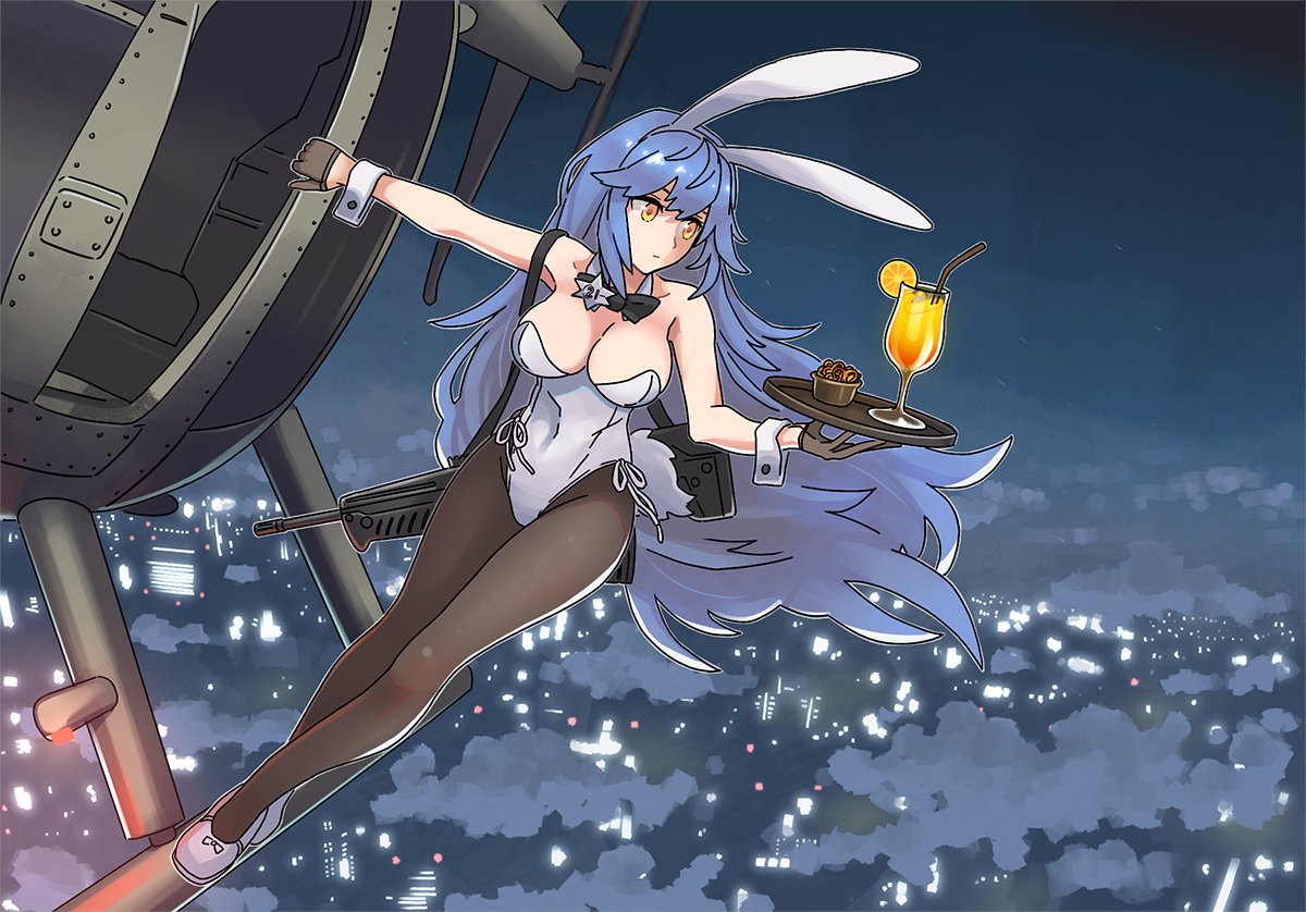 1girl aircraft assault_rifle bare_shoulders blue_hair breasts brown_legwear bullpup eyebrows_visible_through_hair girls_frontline gloves gun hair_between_eyes headgear helicopter imi_tavor_tar-21 large_breasts leotard long_hair pantyhose rifle shoes solo tab_(tabkun) tar-21_(girls_frontline) very_long_hair weapon white_footwear white_leotard yellow_eyes