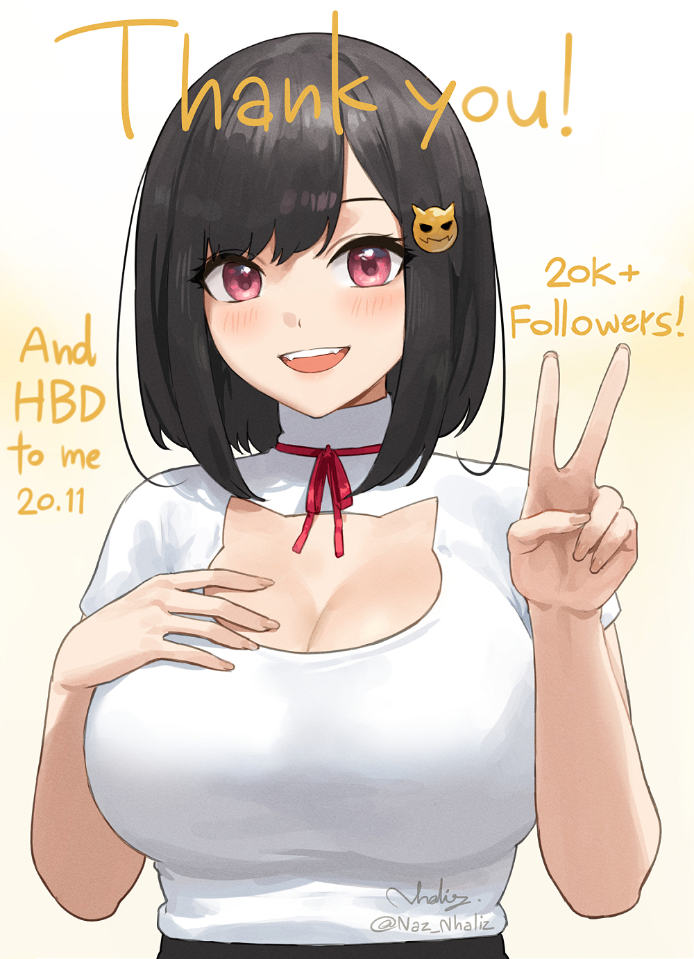 1girl bangs black_hair blush breasts cat_cutout cleavage cleavage_cutout clothing_cutout followers gradient gradient_background hair_ornament hand_on_breasts highres large_breasts looking_at_viewer medium_hair nhaliz original shirt smile solo twitter_username v white_shirt