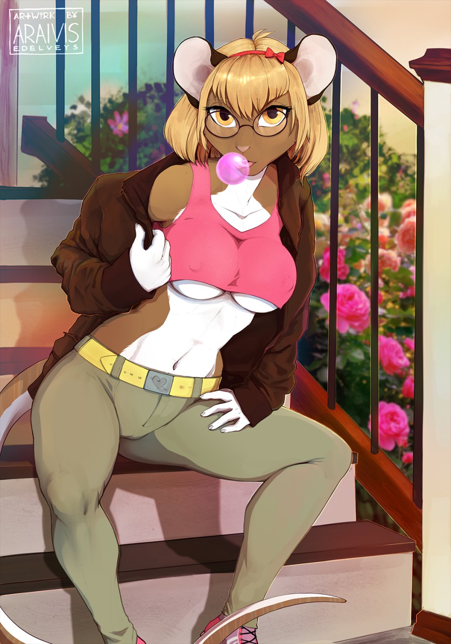 accessory anthro araivis-edelveys blonde_hair bottomwear bra breasts brown_body brown_fur bubble_gum camel_toe clothed clothing countershade_torso countershading female fur hair hair_accessory hairband hi_res jacket looking_at_viewer mammal mouse murid murine nipple_outline outside pants pontik_(dannfirefeet) rodent sitting solo sports_bra steps topwear under_boob underwear white_body white_fur