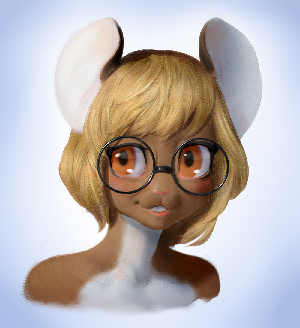 anthro blonde_hair brown_body brown_eyes brown_fur buckteeth eyewear female fur glasses hair headshot mammal mouse murid murine pontik_(dannfirefeet) portrait rodent smile solo teeth veramundis