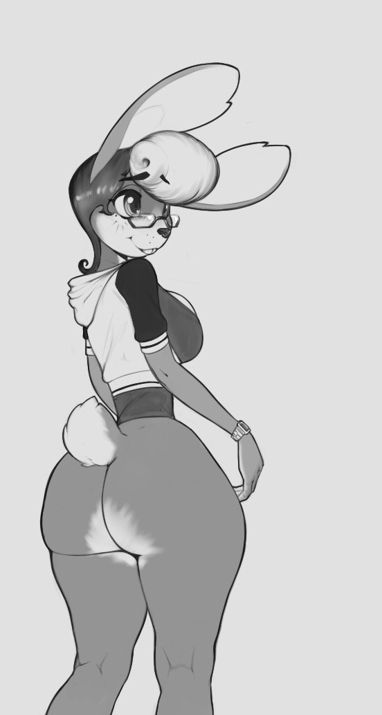 anthro better_version_at_source big_breasts big_butt big_ears bottomless breasts buckteeth butt clock clothed clothing conditional_dnp eyewear female glasses jackets lagomorph leporid mammal monochrome rabbit short_tail small_waist smile solo teeth thick_thighs watch xopachi