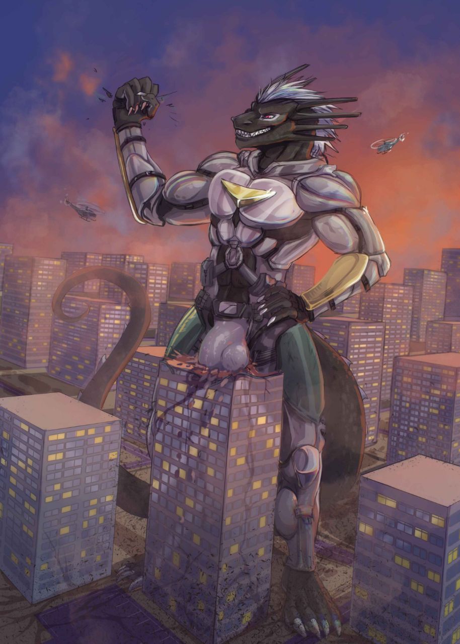 4_toes aircraft anthro barefoot black_body black_scales building_damage bulge city claws crush detailed_background dragon fist futuristic_armor hair hand_on_hip helaviskrew helicopter hi_res larger_dragon male scales sig_(me-havoc) solo sunset toes white_claws white_hair