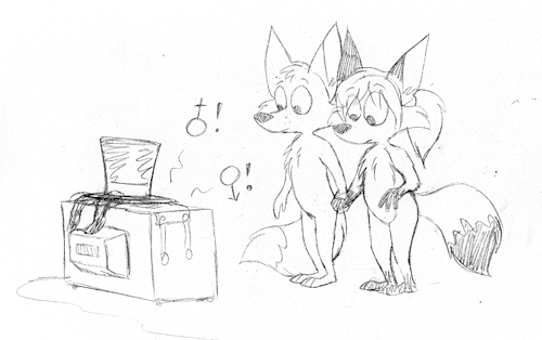 &#9792; &#9794; anthro black_and_white canine cub duo female fox hat male mammal millicent_mudd millie monochrome nude ozy ozy_and_millie ozymandias_llewellyn sketch television webcomic young