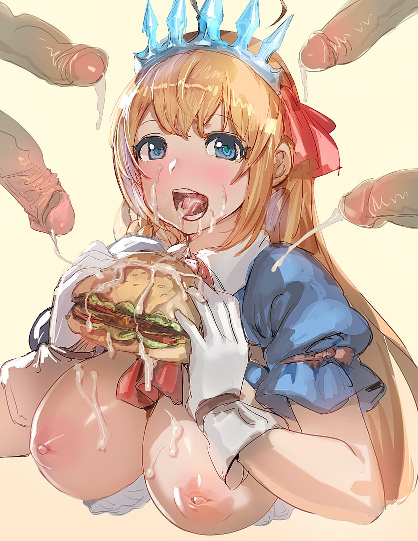 1girl :d blonde_hair blue_eyes blush bow_(bhp) breasts bukkake collared_shirt cropped_torso crown cum cum_in_mouth cum_on_food cum_on_tongue ejaculation erection erection_under_clothes facial food gloves hair_ornament hamburger hands_up holding holding_food large_breasts long_hair looking_at_viewer multiple_penises nipples open_mouth pecorine_(princess_connect!) penis princess_connect! princess_connect!_re:dive projectile_cum puffy_short_sleeves puffy_sleeves shirt short_sleeves smile solo_focus upper_body white_gloves wing_collar yellow_background