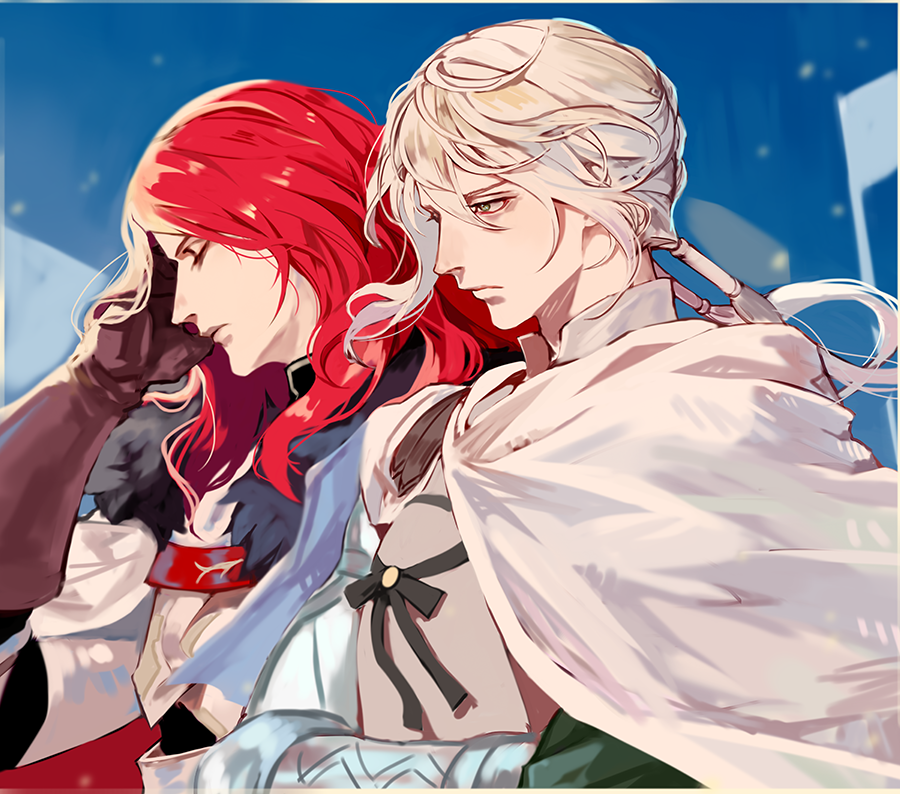 2boys bedivere brown_gloves cape closed_eyes closed_mouth fate/grand_order fate_(series) fur_trim gloves green_eyes long_hair multiple_boys red_hair silver_hair tristan_(fate/grand_order) yepnean