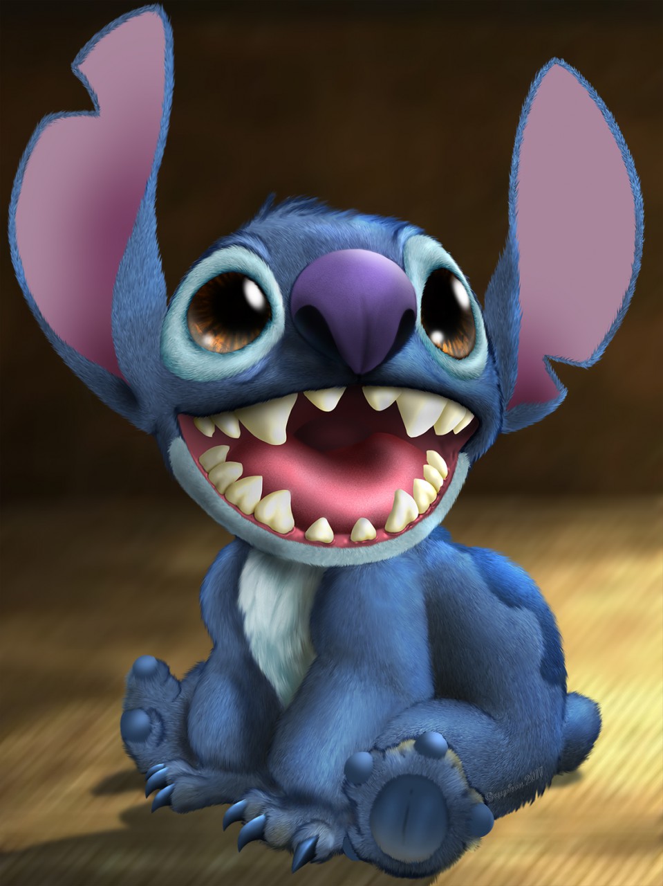 2017 alien blue_body blue_claws blue_fur blue_markings blue_nose blue_pawpads brown_eyes claws disney experiment_(lilo_and_stitch) fingers fur gryphonbits hi_res lilo_and_stitch male_(lore) markings notched_ear open_mouth open_smile pawpads semi-anthro sharp_teeth sitting small_tail smile solo stitch_(lilo_and_stitch) teeth toe_claws toes tongue tuft